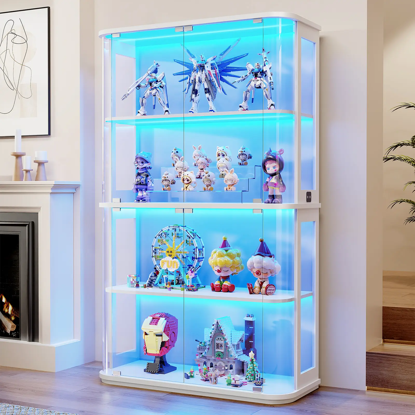 MIIFUNY Large Rounded Display Cabinet with Glass Door, 4-Tier Curio Cabinet with 3 Color Lights for Collectibles, Figures, Glass Display Case with Transparent Full-Display Surface, Human Body Sensor, White