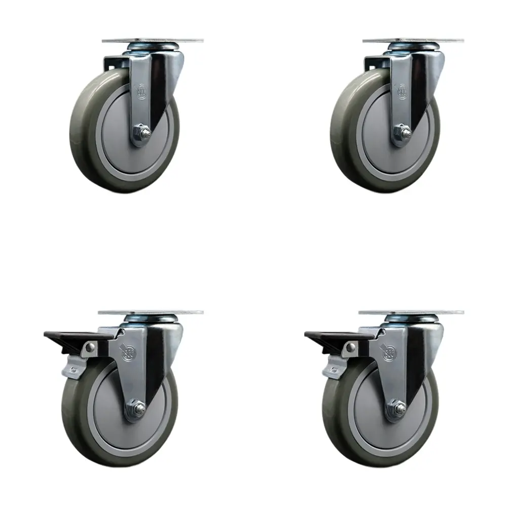 212 MAIN Heavy Duty Lockable Swivel Polyurethane Top Plate Casters - 5 in. Gray Furniture Moving Wheels, Posi Brake, Lockable Wheels - Set of 4 (SCC-20S514-PPUB-2-PLB-2), Furniture Moving Wheel