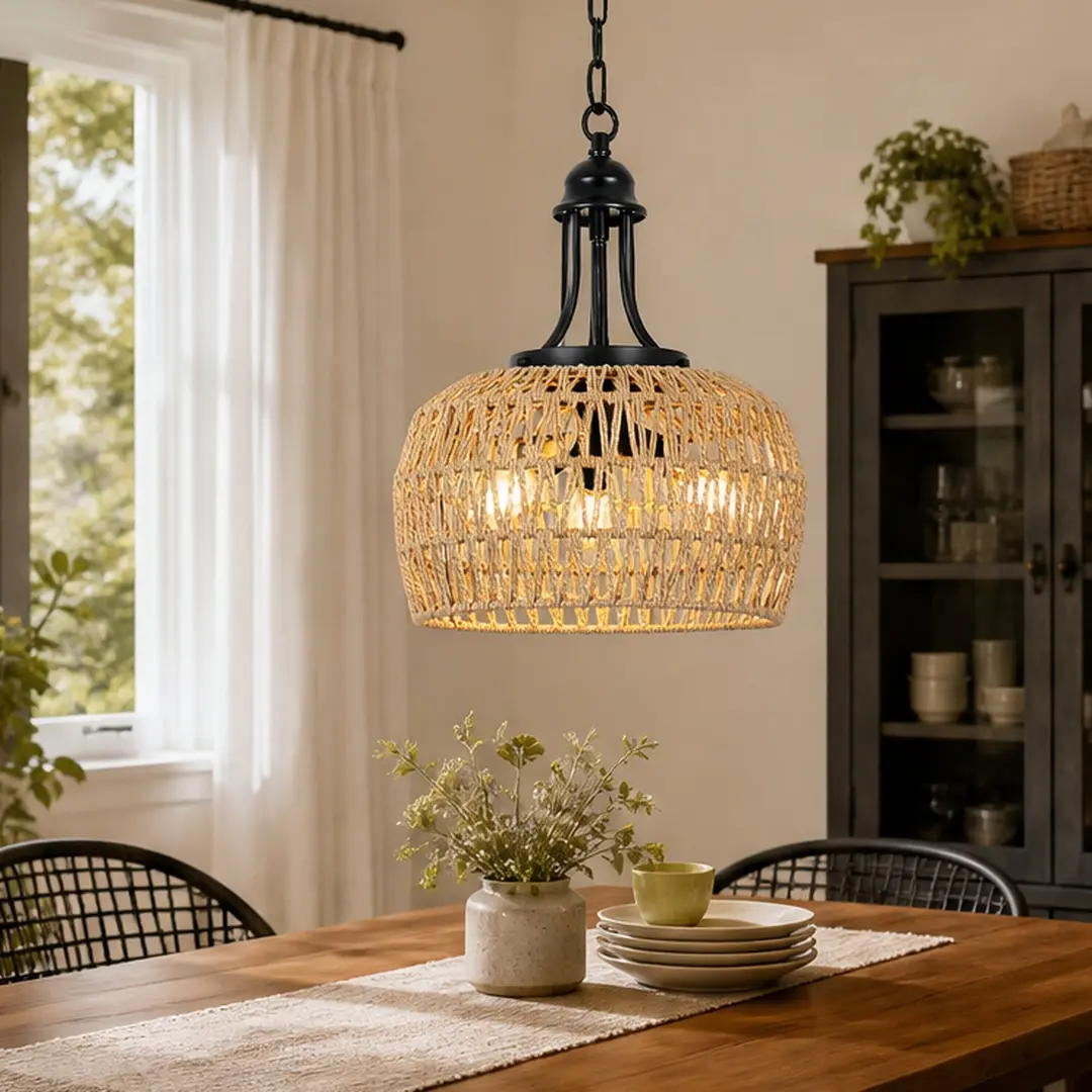ARCH Farmhouse 3-Light Boho Rattan Chandelier Pendant Light Fixture, Small Wicker Coastal Ceiling Hanging Lamp with Woven Lampshade, Brown+Black, 12.6" D x 15.8-86.6" H, for Dining Room Kitchen Bedroom Island Hallway Living Room Nursery