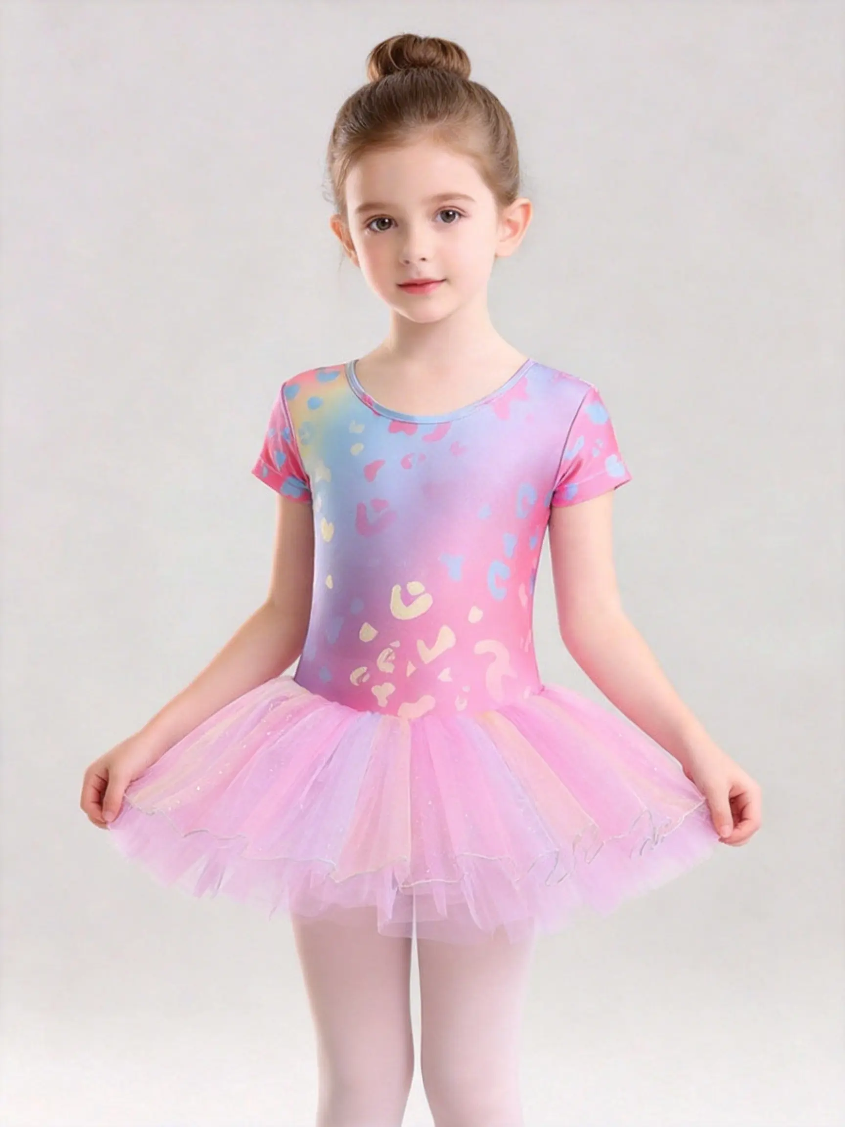 Girls' Fitted Sequined Rainbow Leopard Leotard - Short-Sleeve Synthetics Dancewear with Fluffy Tutu Skirts for 5-6y/6-7y Kids Bodycon Ballet Outfit