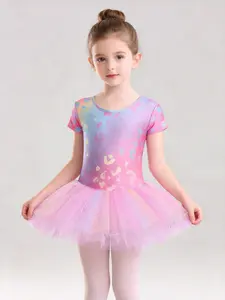 Girls’ Rainbow Leopard Ballet Dancewear — Short-Sleeve Sequined Fluffy Practice Dress/Outfit for Kids