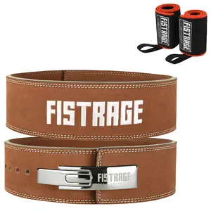 FISTRAGE Professional Leather Strength Lever Buckle Belts Embroidery Logo And Sticker Logo with Free Wrist Wrap – Secure Fit and Superior Support for Heavy Weightlifting and Intense Workouts
