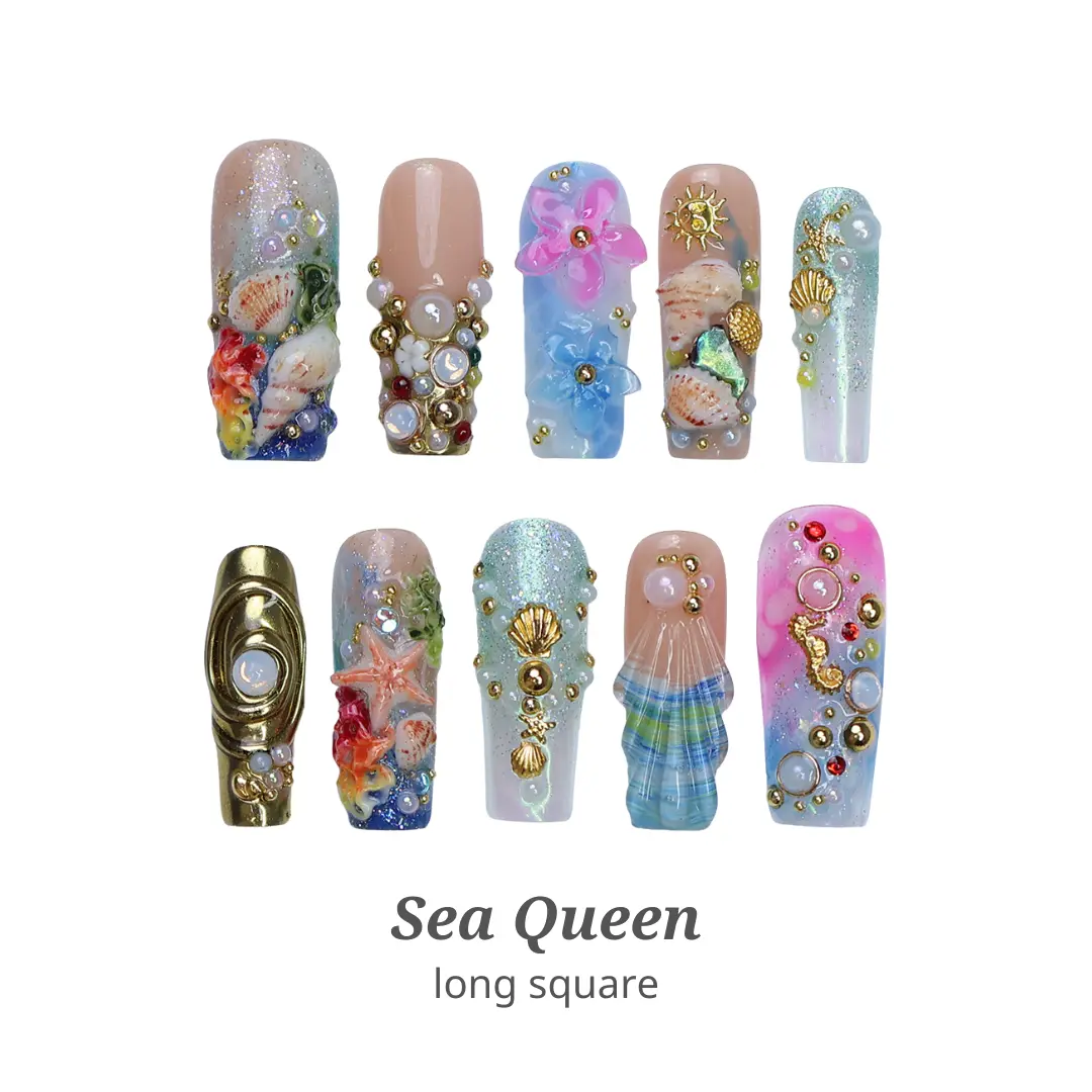 Lilynailsart | Sea Queen Press On Nails - Mermaid Ocean 3D Nails - Luxury Handmade Gel Nails