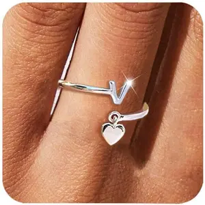 Silver Initial Rings for Women Non Tarnish Thumb Rings Sterling Silver Plated Adjustable Rings for Women Stackable Heart Ring letter rings for women