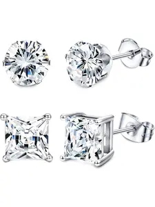 2Pairs Hypoallergenic Black Stud Earrings for Men Women 316L Stainless Steel Square Round CZ Mens Earrings Studs Jewelry Set for Sensitive Ears 3-8MM Black Silver