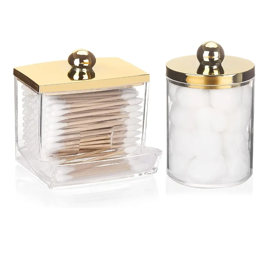 1/2 Pack Qtips Dispenser, Bathroom Organizers and Storage Containers, Home Organizer Jar, Durable Plastic Apothecary Jars with Gold Lids for Makeup Ball, Qtips Swab, Round Pads, Floss, Candy Jar, Qtip Organization, Plastic Canister Jar