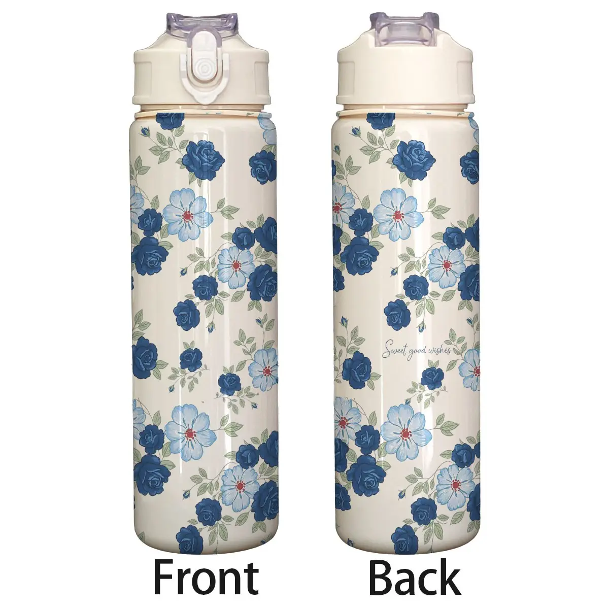 750ML Sport Water Bottle, Vintage Blue Flower Plastic Cup, Reusable Drinkware with Straw and Handle, Ideal for Outdoor Activities, Water Bottles with Straw