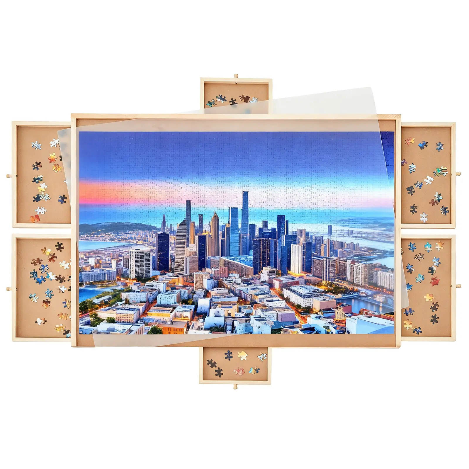 Virplik Rotating Puzzle Board with Drawers for 1500 Pieces Wooden Jigsaw Puzzle Table 360° Rotating Base Ring 6 Storage Trays Portable Organizer for Adults 35"x27" Puzzles Organizer Storage System Birthday Gift for Mom puzzle accessory