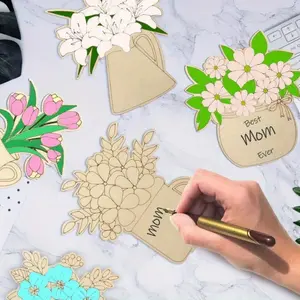 1pc Mother's Day gift, Wooden Flower Creative Decoration, DIY Graffiti Floral Ornament, Handmade Warm Style, Parent-Child Drawing Decor, Home Desktop Gift