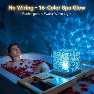 Shower Lamp dimmable No Wiring Waterproof | 16 Color Ocean Wave Projector Rechargeable Bathroom led usb powered night Light | Remote & Touch Control | Spa Bedroom  Mood Light | Party Background | Gift for Her cubelamp