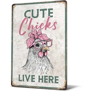 Vintage Metal Chicken Coop Sign, 12"x8" "Chicks Live Here" Plaque for Outdoor Farm Fence, Home Rooster Decor