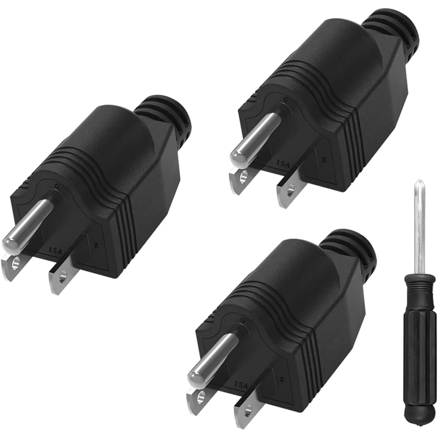 Replacement Plugs, 3 Pack 3 Prong Replacement Plug with 1 Screwdriver, Extension Cord Ends, ReplacementPlug 3 Prong , Neutral Ground Bonding Plugg, 3 Wire 15A 125V Male Plug, Black, Extension Cords, Office