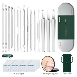 (zirun)Blackhead Remover Kit, Pimple & Comedone Extractor, Multi-Function Pore Cleansing Tools, 401 Premium Professional Stainless Steel Acne Pimple Extractor with Metal Box - Skin Care, Facial Cleansing Equipment– 15-Piece Set