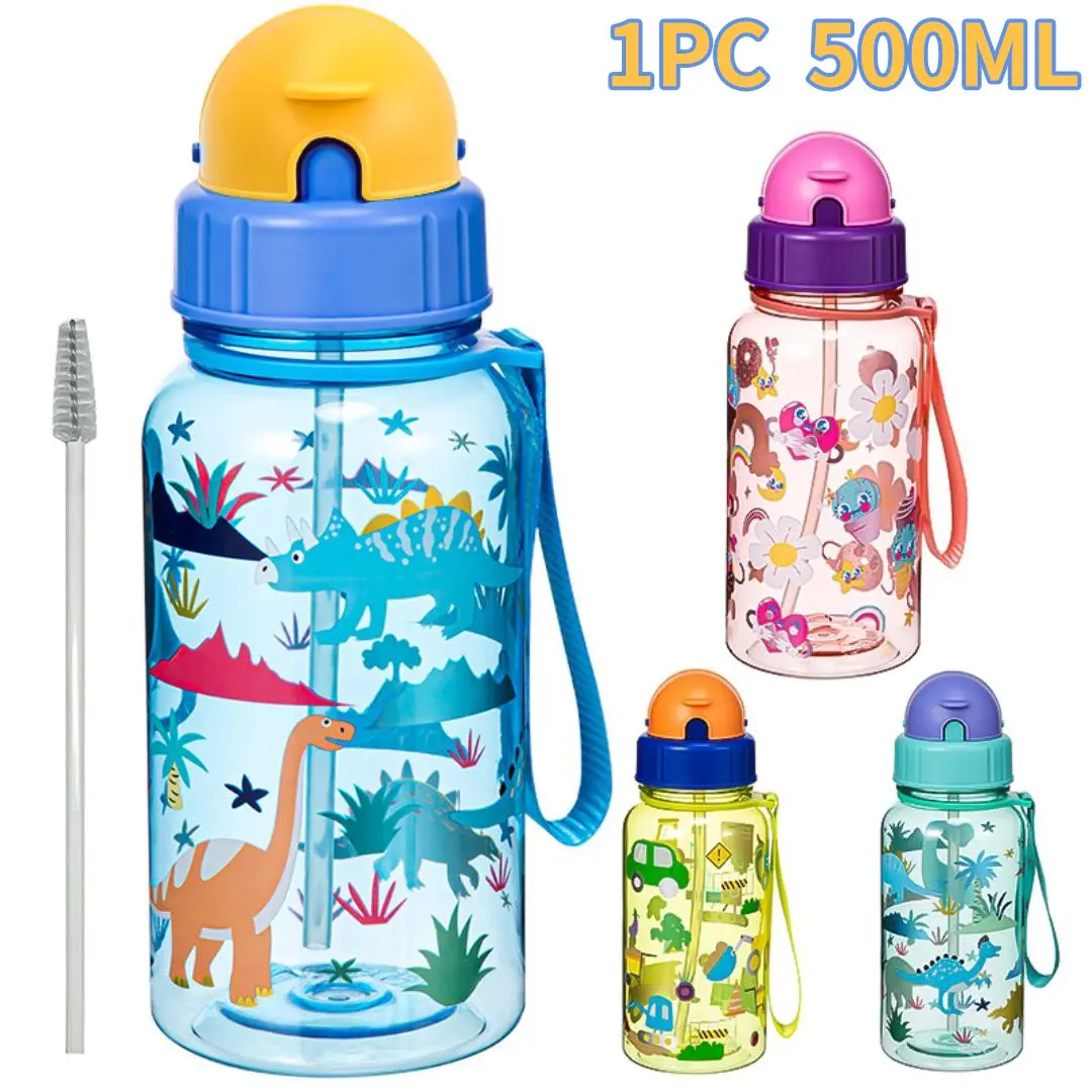Cartoon Dinosaur Pattern Kids Water Bottle, Portable Water Bottle, 1 Count 500ML Leak Proof Water Bottle with Straw & Straw Brush & Cup Brush, Drinking Cup for Home Office School, Drinkware, Leakproof Water Bottle, Hydration Bottle