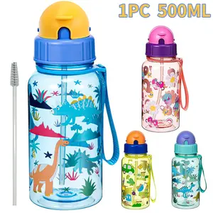 Cartoon Dinosaur Pattern Kids Water Bottle, 1 Count 500ML Leak Proof Water Bottle with Straw & Straw Brush & Cup Brush, Drinking Cup for Home Office School, Drinkware, Leakproof Water Bottle