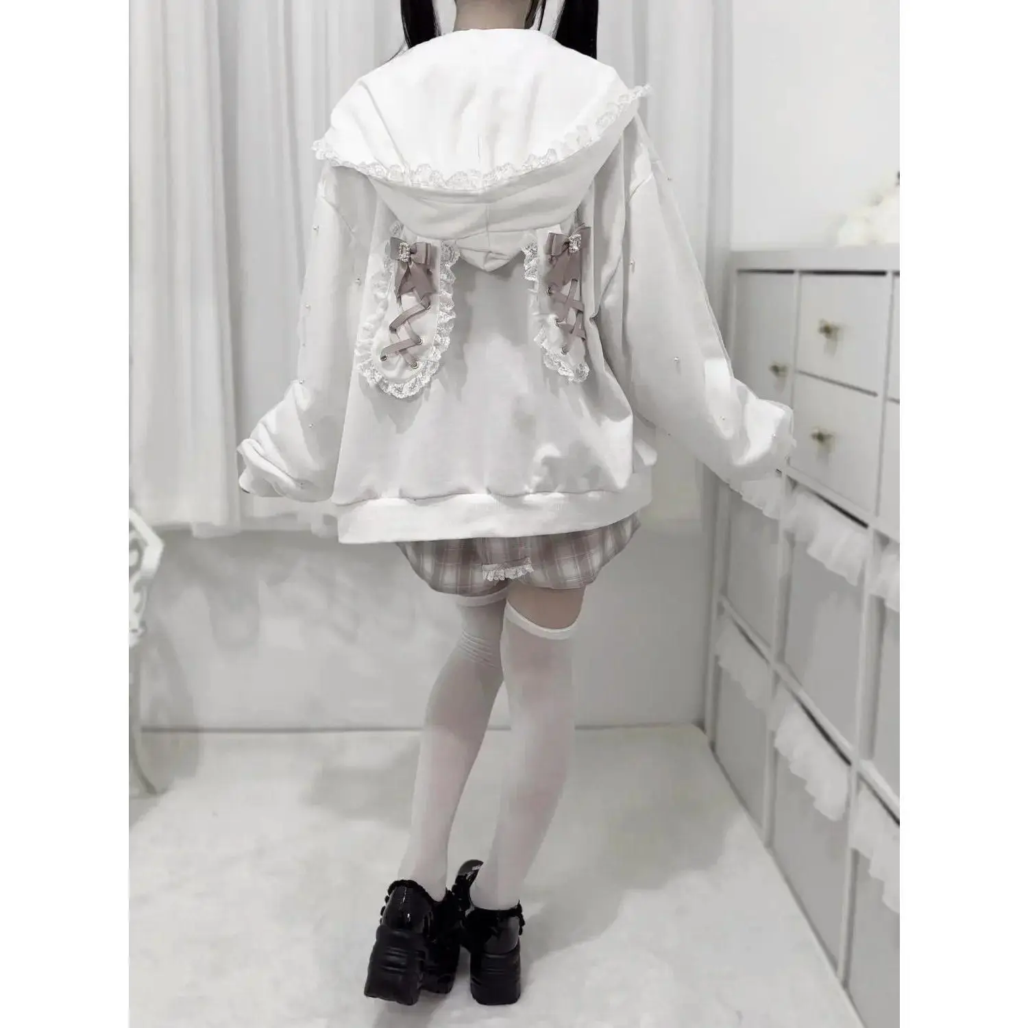 Japanese Kawaii Bunny Ear Hoodie Women Sweet Lace Rabbit's Ears Lolita Style Zipper Jackets Harajuku Kawaii Lace Bow Zipper Coat