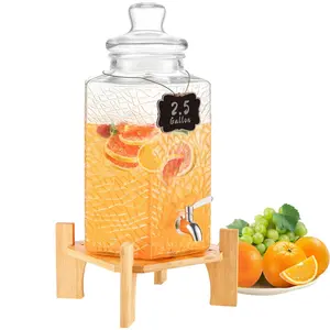 KFFKFF Beverage Server, 2.5 Gallon Party Drink Holder, Glass Beverage Container on Stand, Stainless Spout, for Iced Tea, Lemonade, Water, Suitable for Restaurants, Hotels, Gatherings Dispenser Drinkware