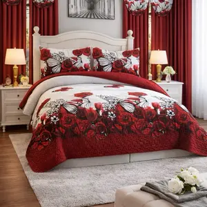 7 pcs Red Floral Bedding Set with Butterfly Design for Bedroom Decor