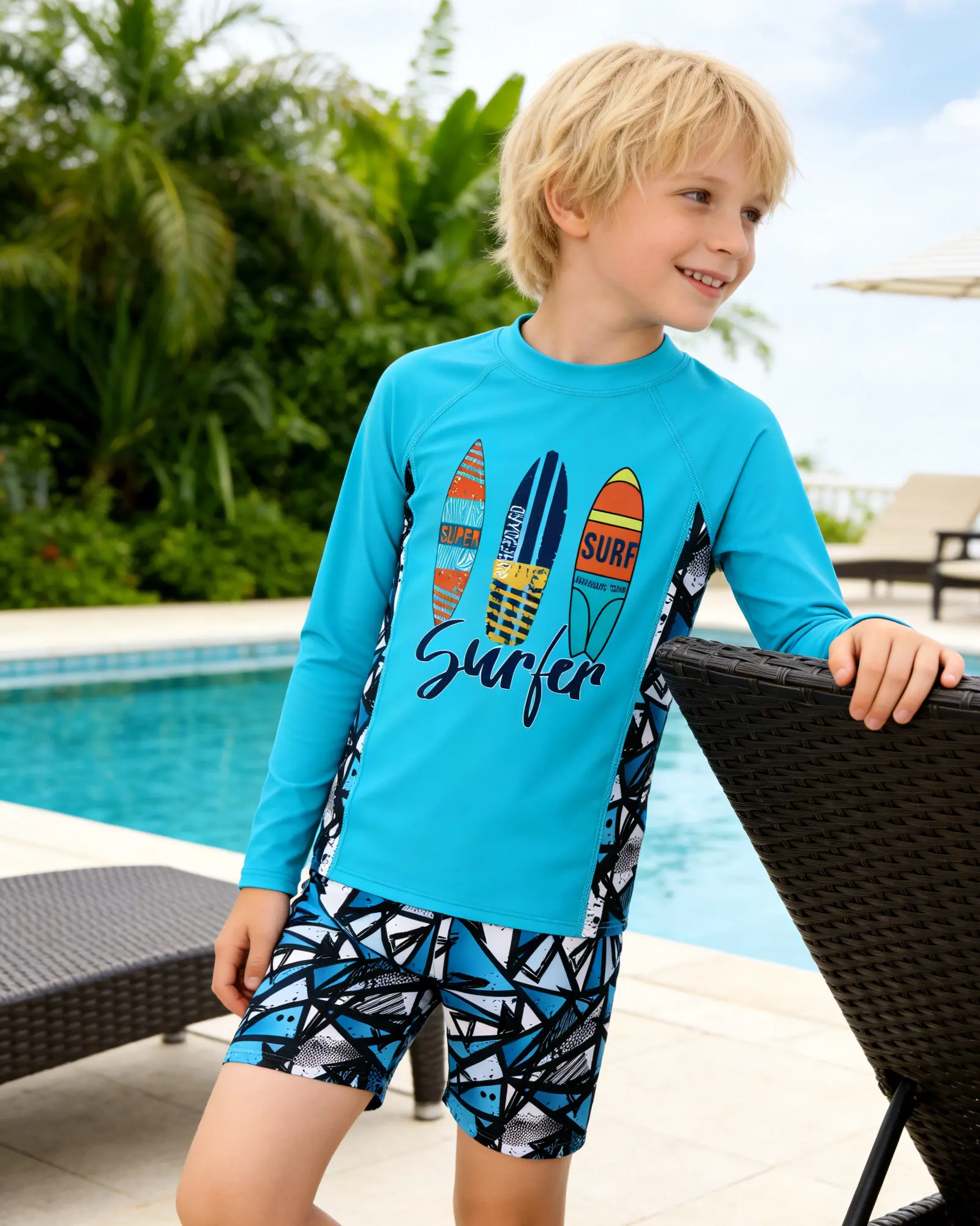 Boys Two Piece Swimsuits Kids Long Sleeve Printed Swimwear Sets Boys Quick Dry Bathing Suit For Beach, Pool, and Surfing  4-12 Years
