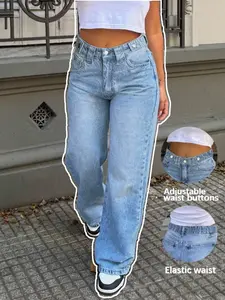 Women's Loose Fit Washable Denim Jeans with Adjustable Waist Button, Mid-Rise Wide Leg Jeans Pants for Casual Outings, Durable and Comfortable Design