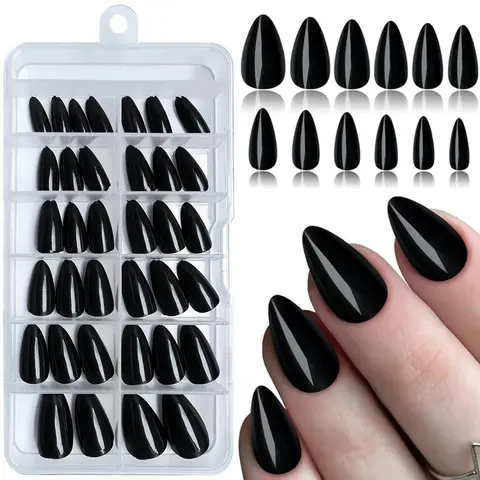 120pcs/set Reusable Press on Nails, Black Short Almond Nails Press on Acrylic False Nail Reusable Artificial Fingernail for Women Short Almond Nails Press on Manicure, Acrylic Nails Extension