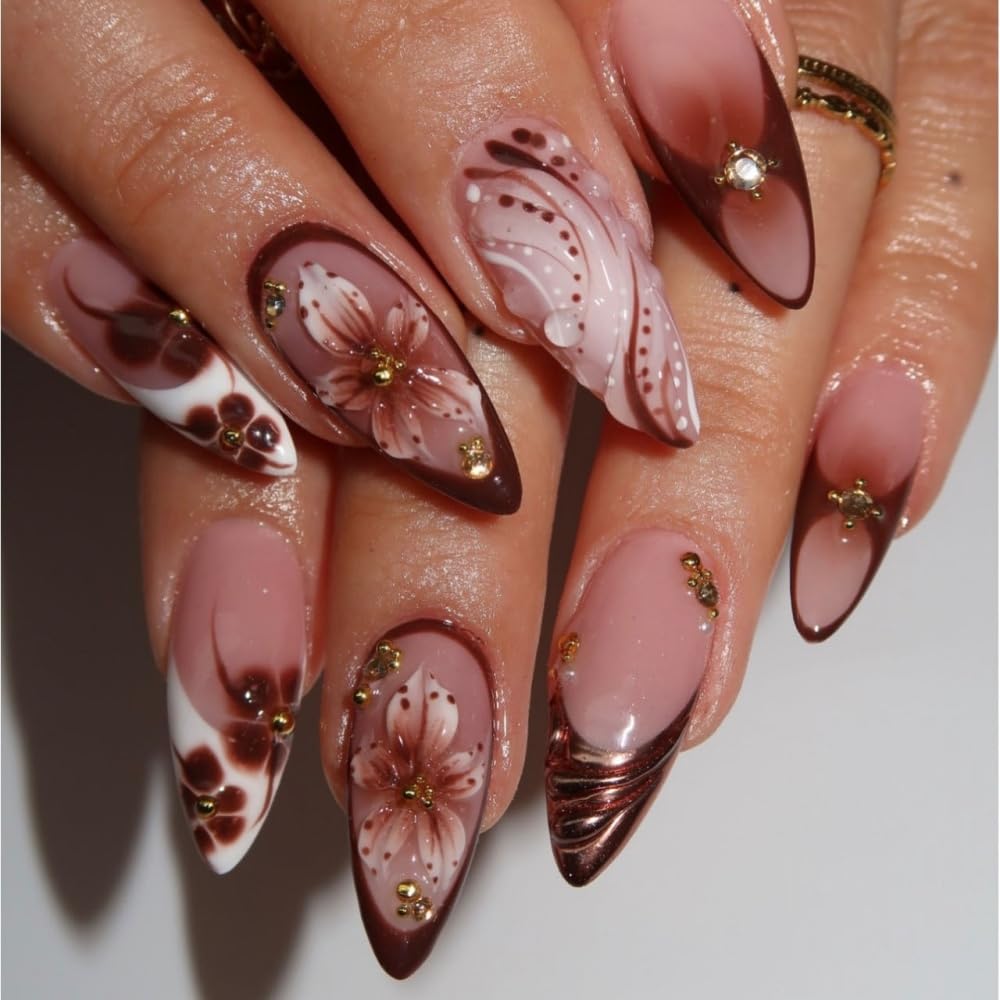 Reusable Acrylic Press On Nails Multi-Pack Kit (24pcs) - 6 Styles, French Tip, Floral, Chrome, Rhinestone Designs, Almond & Square Shapes, Glossy Finish, Acrylic Nails, Beauty Products