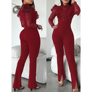 Chic Polyester Knit Fabric Jumpsuit with Contrast Lace Detail, Stand Collar, Flare Legs, Side Slit, 97% Polyester, Comfortable All- Overalls Solid