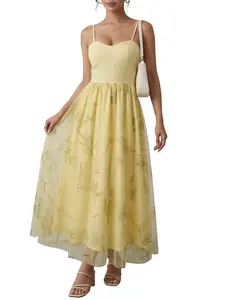 Women's Solid Color Mesh Digital Print Floral Sexy Halter Back Tie Long Dress, Elegant Evening Gown, Perfect for Special Occasions