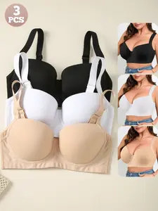 【 Plus Size】  Women's Comfortable Underwear, Sexy Plain Half Cup Push Up Padded Everyday Bra, Medium Support, All Seasons, Fit, Valentine's Day Gift