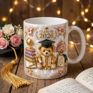 Class of 2026 Graduation Mug 2D Printed 3D Effect Teddy Bear Floral Quote Ceramic Coffee Cup Custom Name Unique Keepsake Design for Her Daughter Students Senior Graduation Celebration Gift Idea Present