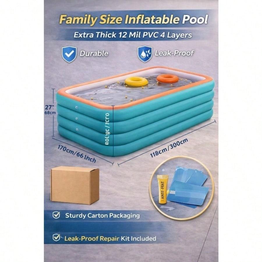 118" x 66" Extra Large Inflatable Pool - 12 Mil 4-Layer Thickened PVC, 4-Tier Independent Airbags, Leak-Proof Family Swimming Pool for Backyard, Pet-Friendly Above Ground Pool with Quick Drain Valve & Repair Kit for Indoor & Outdoor Summer Use