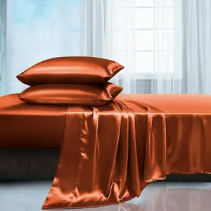 Satin  Sheets Set 4 count - Soft Silky Satin Sheets Set, Rust Orange Satin Bed Sheets Cooling & Luxury Bedding Sheet Set(1 Satin Fitted Sheet, 1 Satin Flat Sheet, 2 Satin Pillow Cases)