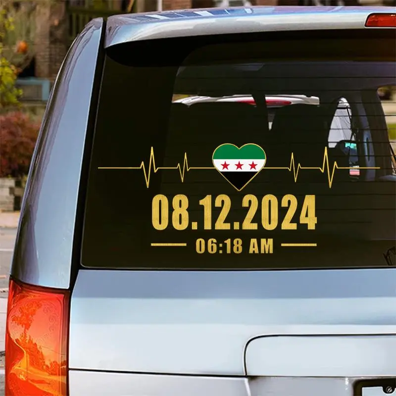 2026 New 50x20cm Heart Beat Sticker with Syria Flag in Heart Shape & Date 08.12.2024, Vinyl Decal for Car Rear Windshield, Window, Door For your Cars