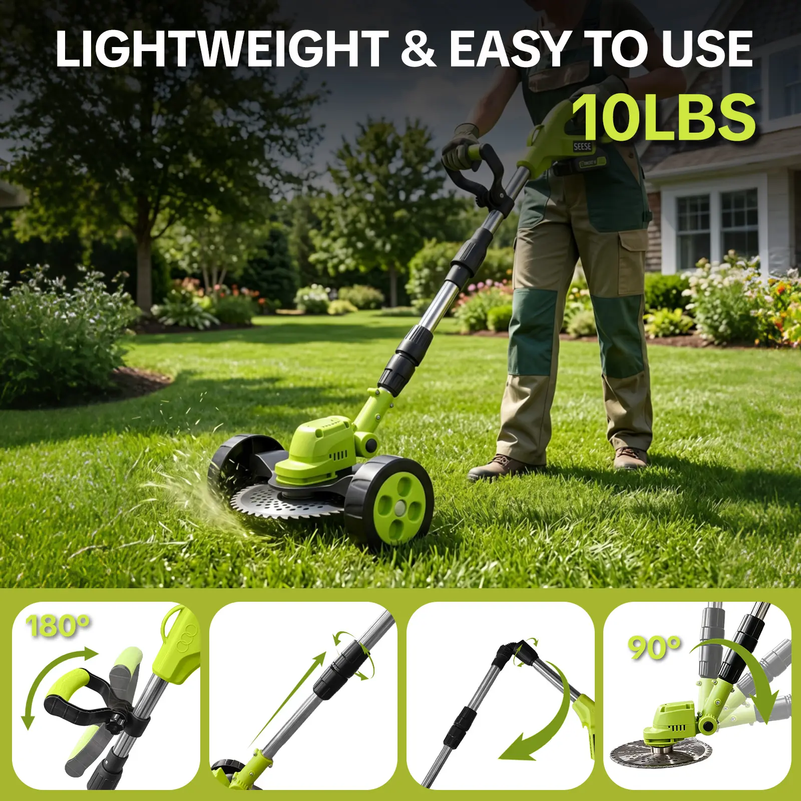 SEESE Cordless Lawn Mower, Garden Tool (Mower, Trimmer, Edger) with 2×21V Batteries, Lightweight for Small to Medium Backyards