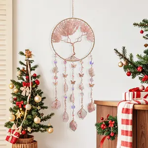 Tree of Life Dream Catcher Wall Hanging Decoration, Natural Stone Copper Wire Hand-Wrapped, Butterfly Crystal Pendant Hanging Decoration, Home Living Room Room Courtyard Decoration Christmas Gift