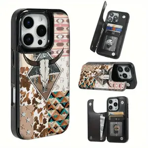 Western Longhorn Wallet Phone Case for iPhone 17/16/15/14/13/12 Pro Max/Pro/Plus/Air – PU Leather Card Holder Cover Cash Protective Smartphone Casing
