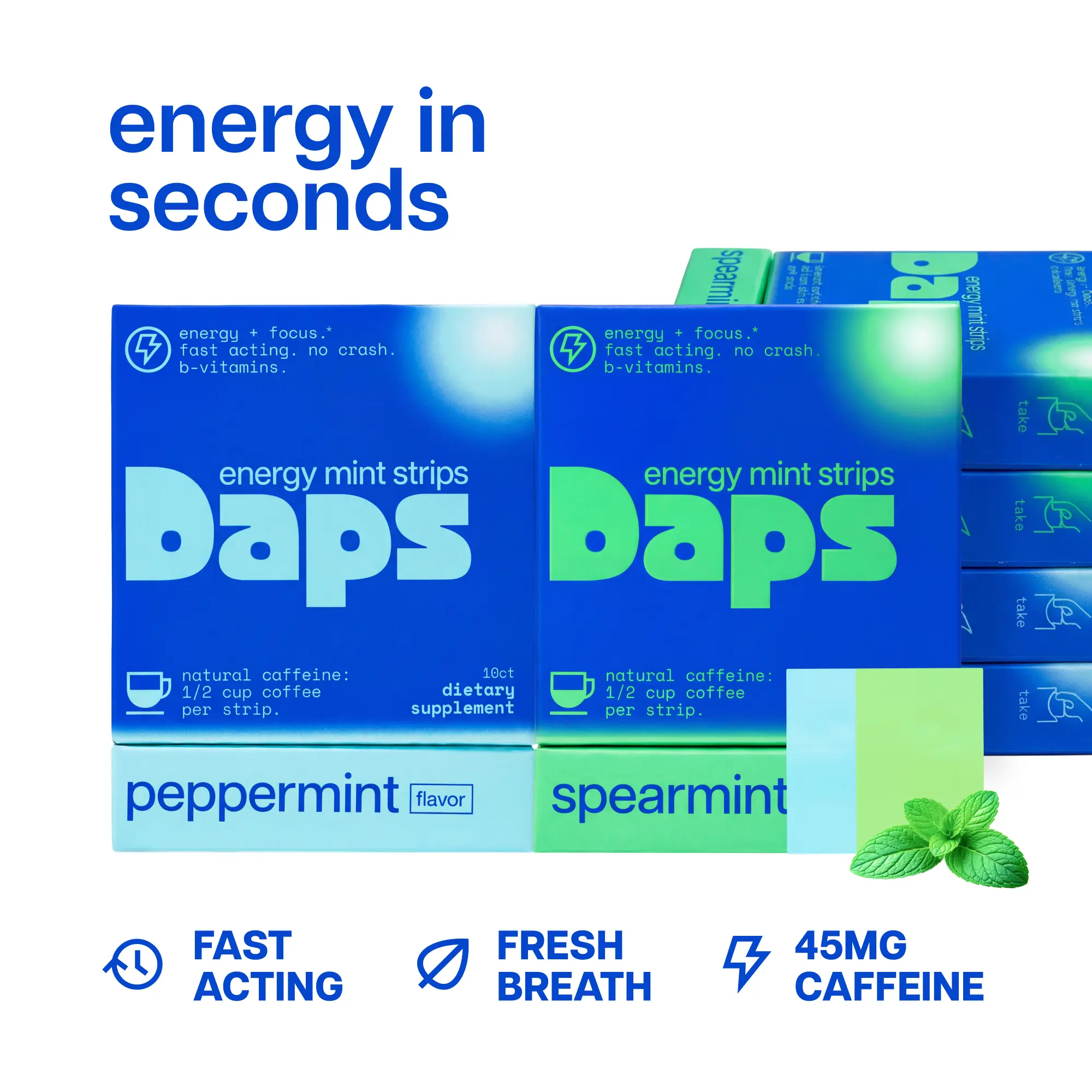 Daps Energy & Focus Fresh Mint Strips Energy Supplements 2-Pack (20 Strips) - 45mg Natural Caffeine, B6/B7/B12 Vitamins, Sugar-Free, Fresh Breath, Peppermint & Spearmint Flavors, Caffeine Chewing & Bubble Gum, Energy Boost Chewing & Bubble Gum