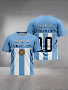 Men's Argentina Soccer Jersey Summer Round Neck Short Sleeve Casual Fashion Tee Blue Geometric Pattern Breathable Versatile Top