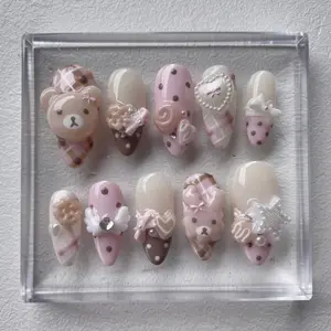 Pink Teddy Bear Press On Nails, Kawaii 3D Bear & Bow Nail Art