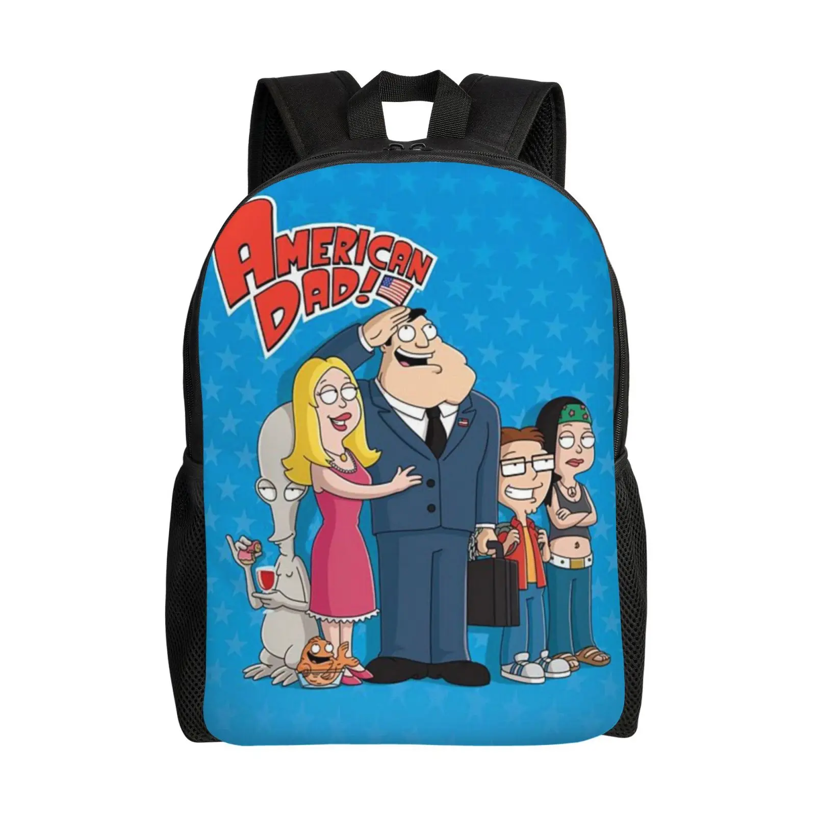 Cartoon American Dad! 17 Inch Backpack american dad merch comedy Laptop Daypack Aesthetic american dad merch Carry On Backpack for Travel College Hiking Women Men for festivals, birthdays, parties gifts