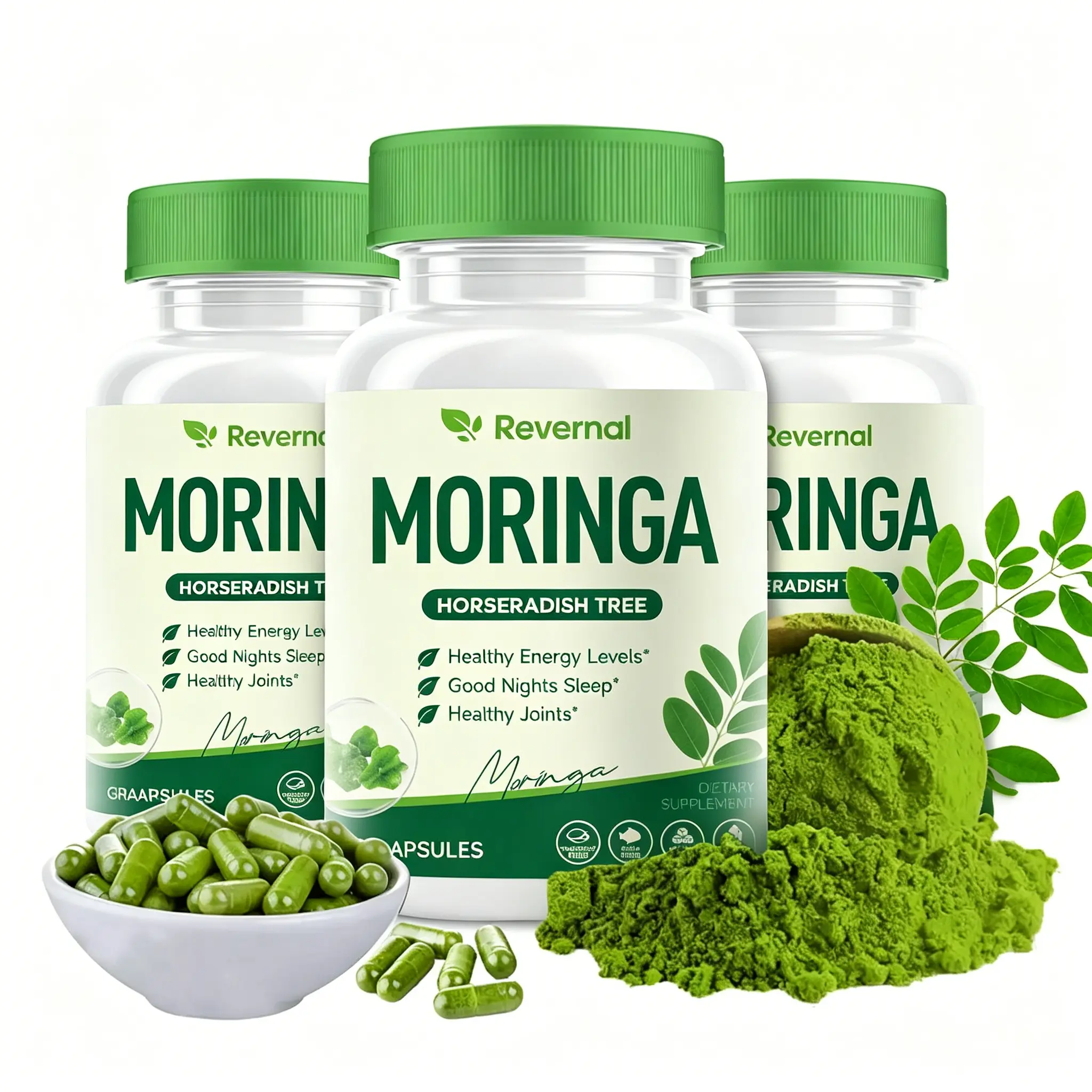 Revernal Pure Moringa Dietary Supplement Capsules, Gluten-Free Natural Superfood with Iron & Vitamins for Immune, Gut Health Support