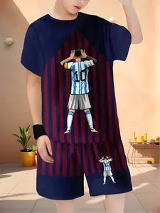 Boys Football Idol Set, Number 10 Player Backprint, Striped Background Short Sleeve Shorts, Summer Athletic Casual Kids Clothing