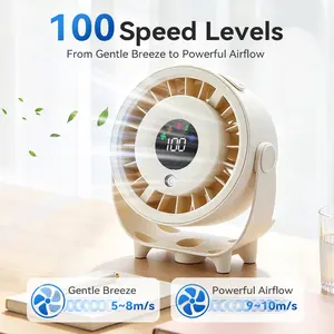 Qawtor Misting Desk Fan with Long-Lasting Battery, 100-Speed Rechargeable Personal Cooling Fan with LED Display, Quiet Portable Table Fan for Home Office & Bedroom