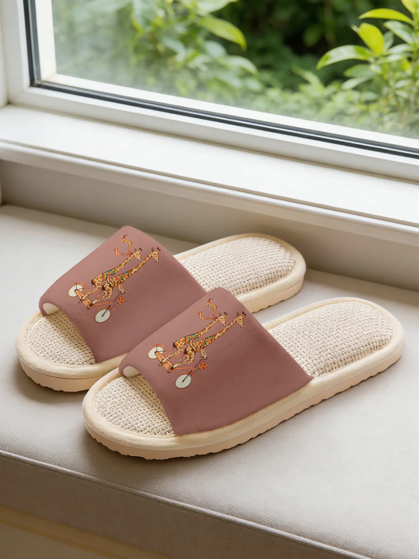 Tandem Giraffe Bicycle Linen Slippers, Whimsical Playful Vibe 1 Pair Breathable Lightweight Cozy Non-slip All Season House Shoes for Animal Lovers Women Men Family Daily Home Wear