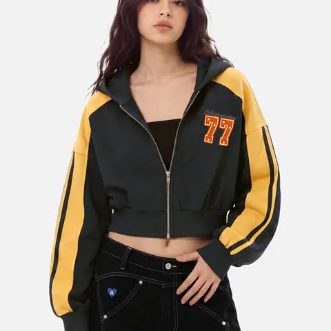 Aelfric Eden Cropped Color Block Zip Up Hoodie Retro Color‑Block Design Number 77 Graphic Print Cropped Zip‑Up Silhouette Soft Fabric Unisex Vintage Sport Hoodie