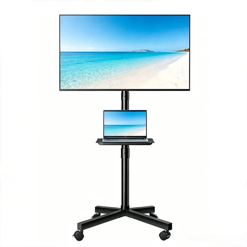 Mobile Rolling TV Cart Stand with AV Media Shelf & Laptop Tray, Height & Tilt Adjustable Floor TV Stand for 23–60 Inch TVs, Lockable 360° Silent Casters, Heavy Duty Capacity Portable TV Cart for Home Gym, Office, Bedroom