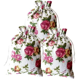 Rose Peony Flower Gift Treat Bags Drawstring Gift Bag Vintage Floral Favor Goodies Bag for Birthday ,Mother's Day, Valentine's Day, Wedding,Bridal Shower,Easter Decorations