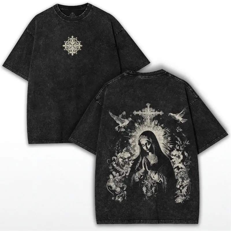 Men's Virgin Mary Graphic Tee, Vintage Distressed Cotton Crew Neck, Casual Oversized Short Sleeve Christian Streetwear, Tops