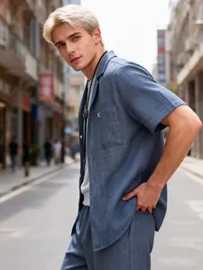 Men's Blue Textured 2-Piece Casual Set Outfit - Short Sleeve Button-Down Shirt & Drawstring Waist Pants, Lightweight Breathable Fabric, Loose Relaxed Fit for City Walks, Weekend Outings & Daily Streetwear, Menswear