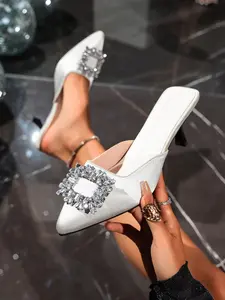 Women's Satin Square Buckle Rhinestone Pointed Toe Mules, Elegant High Heel Shoes, Perfect for Evening Parties and Daily Footwear